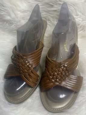 Cloudwalkers Isabel Woven Leather Tan Wooden Wedge Sandals Women's Size 13W